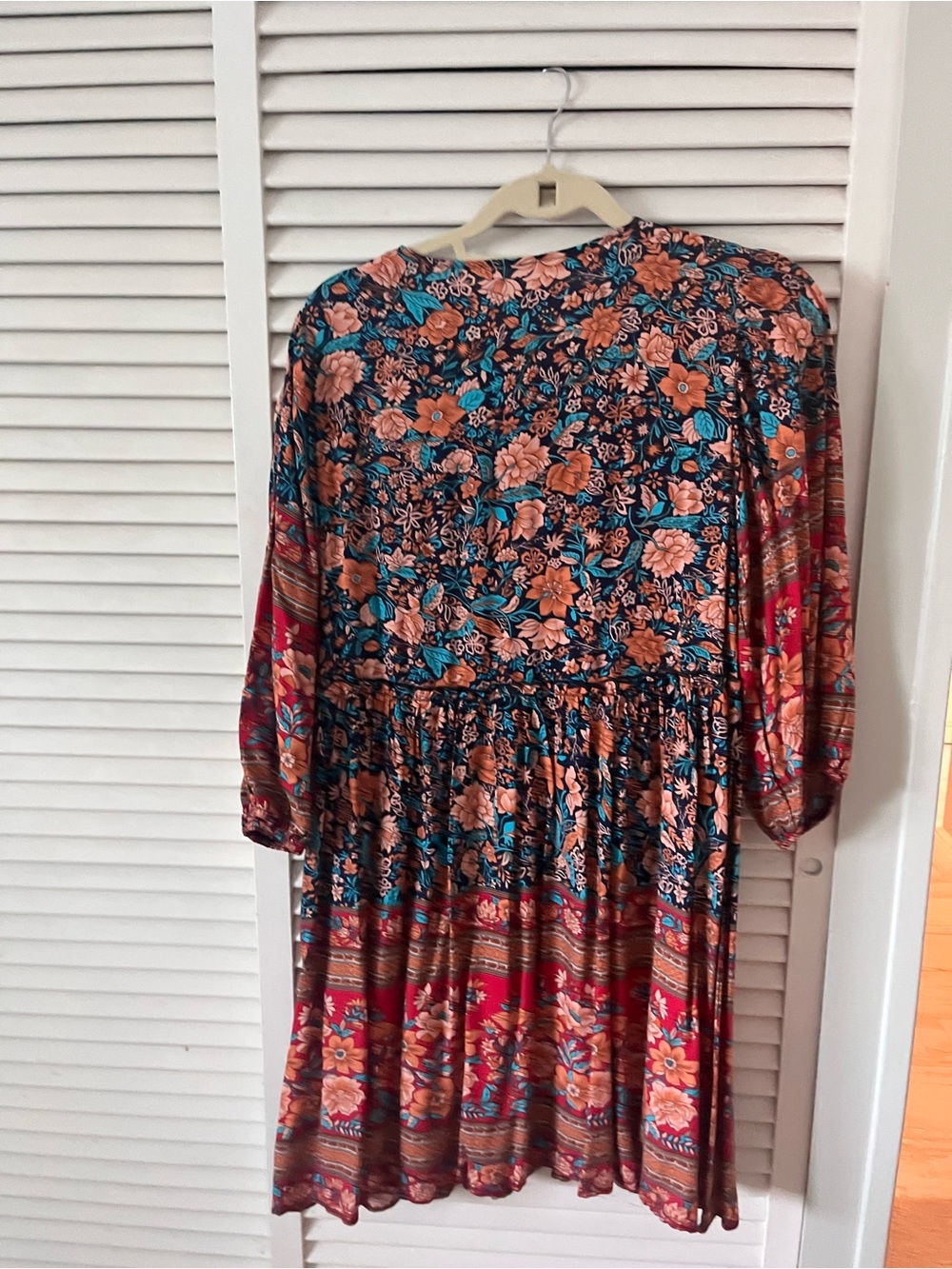 Bohemian Floral Tiered Long-Sleeve Dress in Teal and Rust